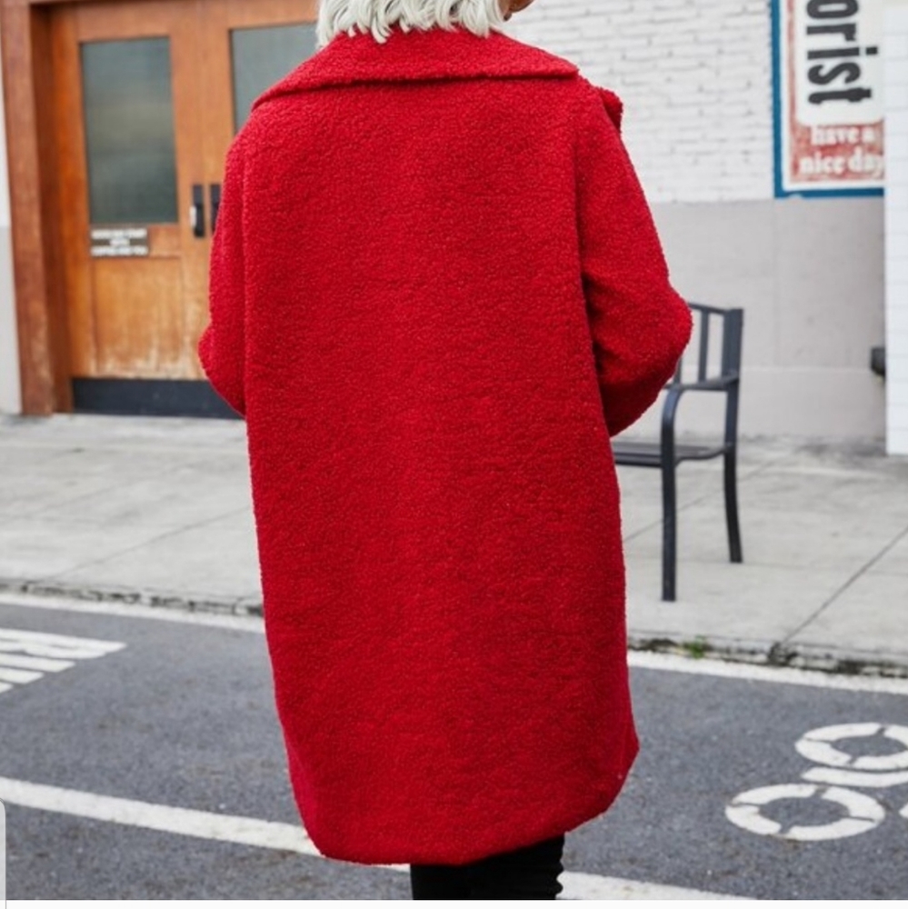 Red Faux fur teddy pea coat contemporary - Picture 6 of 10